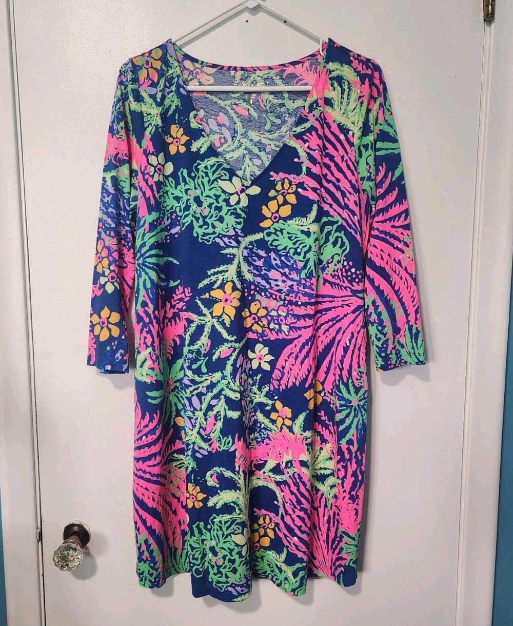 Lilly Pulitzer Women's Size Large Erin Dress Indigo All A Glow Floral Tropical